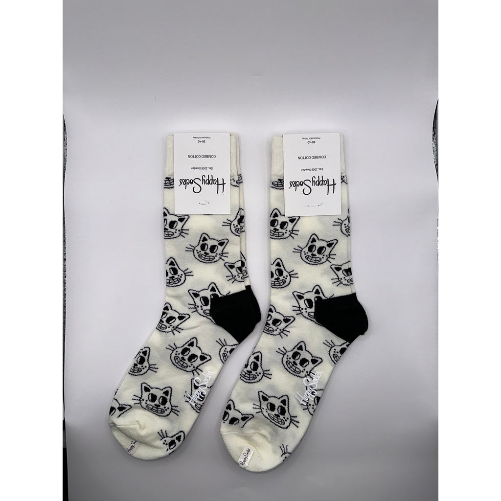 2 Pairs Happy Socks White Cat Half Calf Size Medium Unisex
