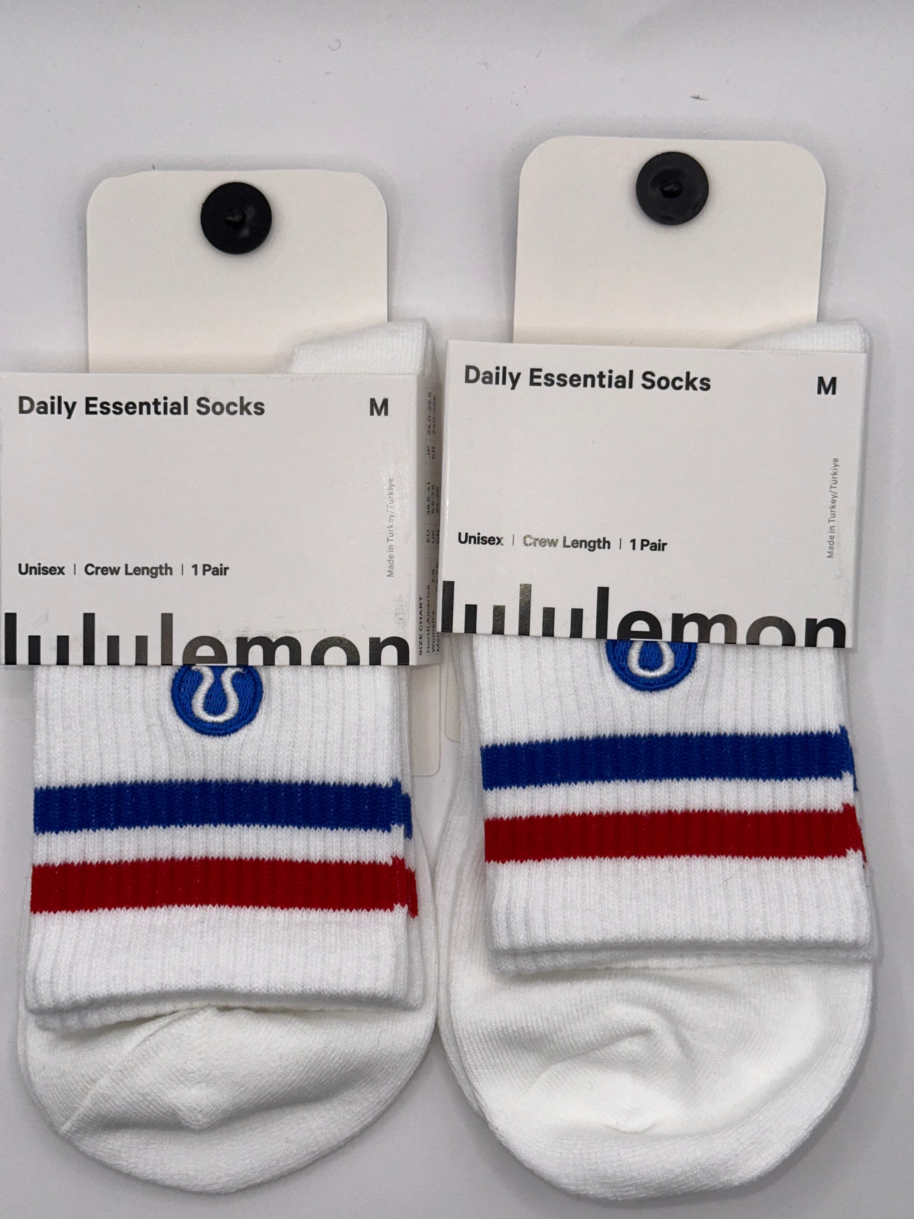 NWT 2 Pairs Lululemon Unisex Daily Essential Stripe Crew Socks - Medium