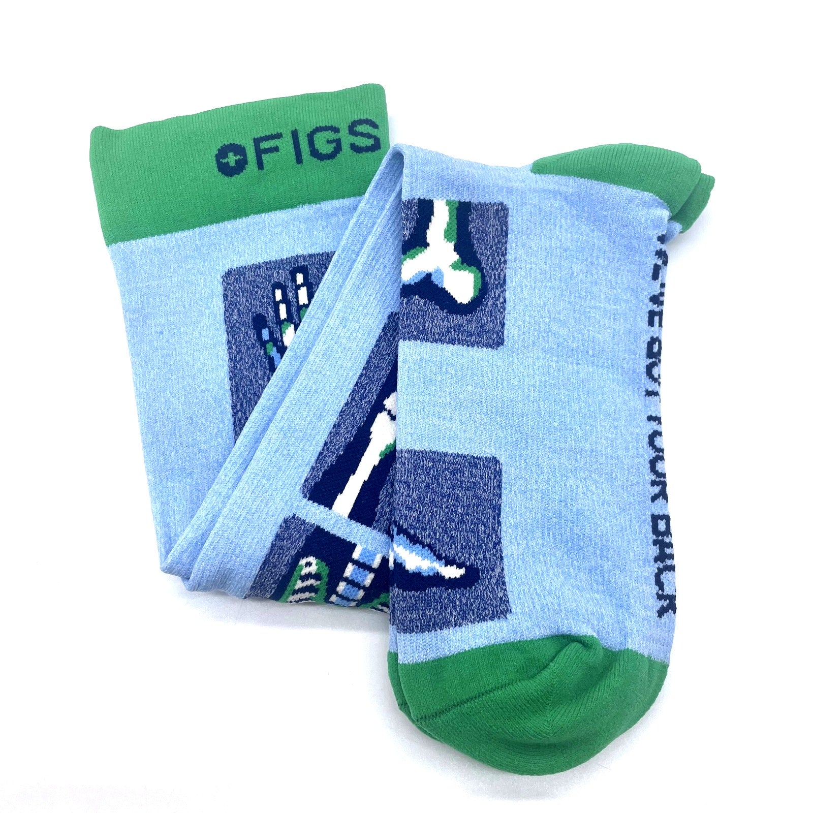 1 Pair FIGS Compression 'Skeleton' Blue & Green Socks Size L