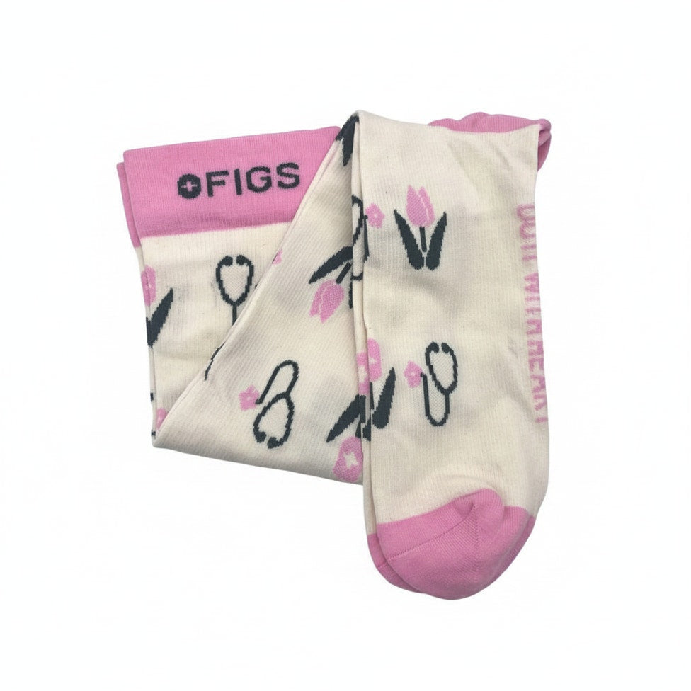 1 Pair FIGS Compression 'Tulips' White & Pink Socks Size XL