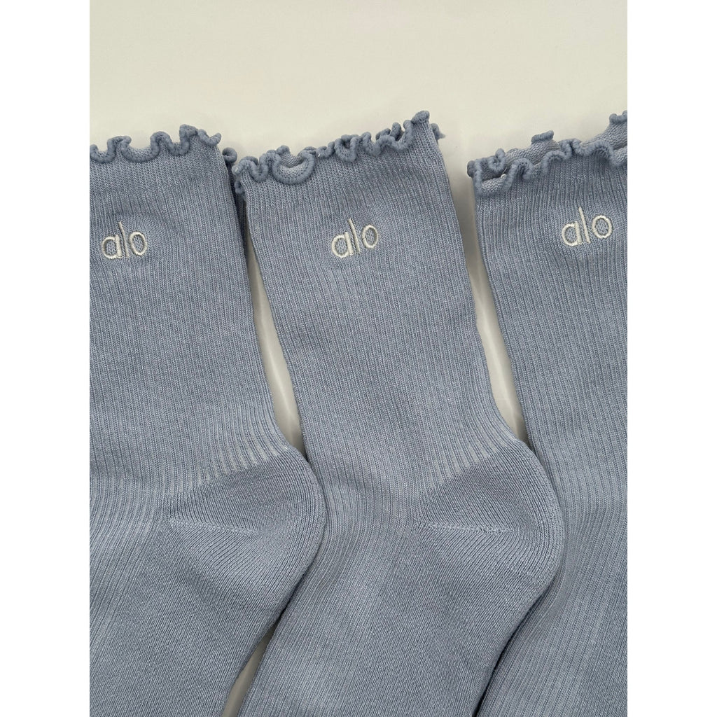 3 Pairs Alo Yoga Women's Lettuce Edge Sock M/L fits sizes 8 – 11 Light Blue