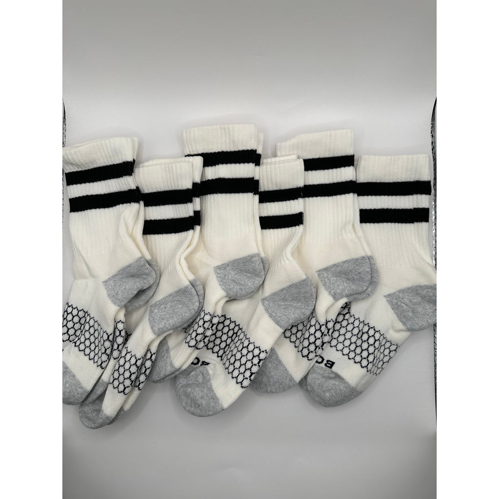 6 Pairs BOMBAS Honeycomb Vintage Black Stripe Half Calf Socks Size Small White