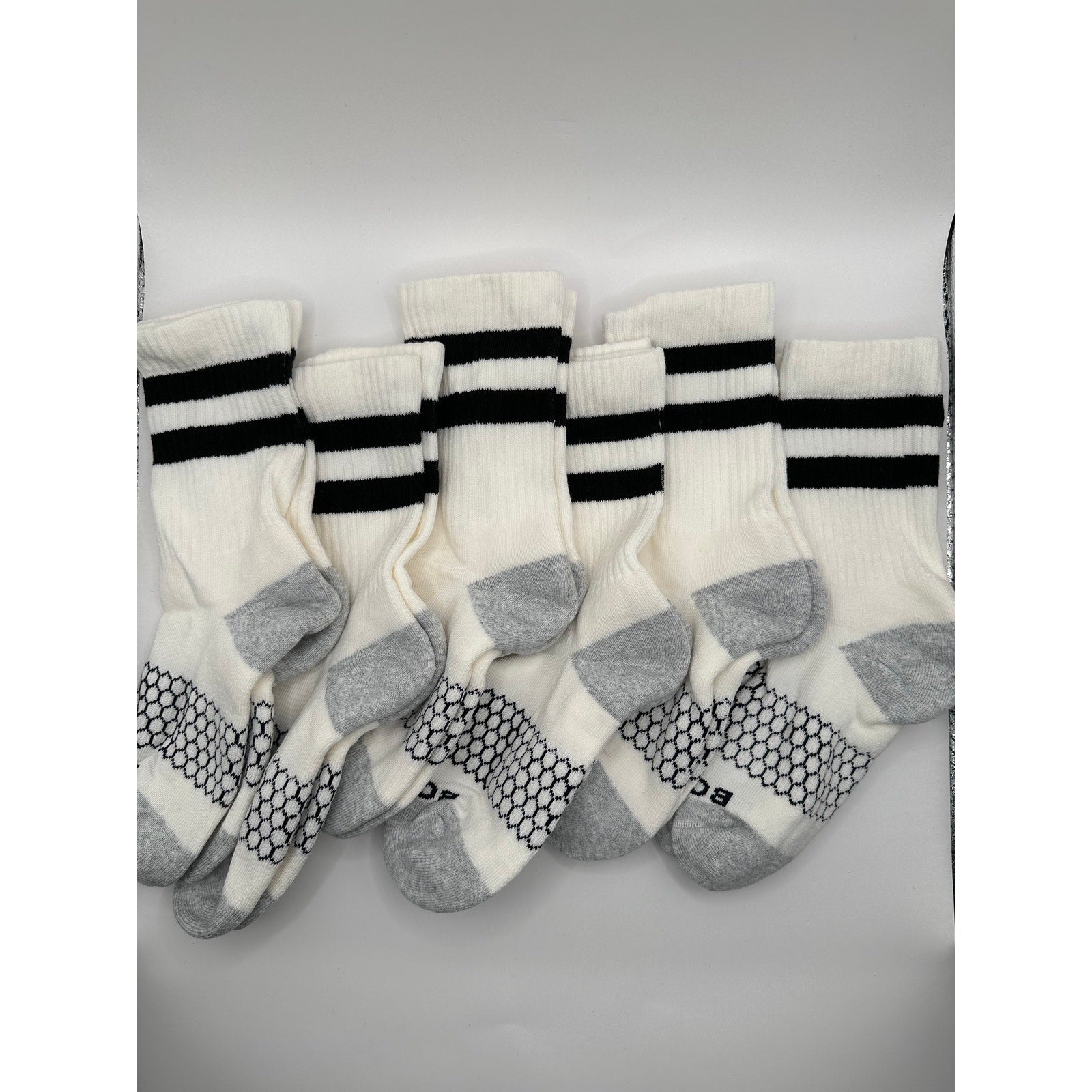 6 Pairs BOMBAS Honeycomb Vintage Black Stripe Half Calf Socks Size Small White