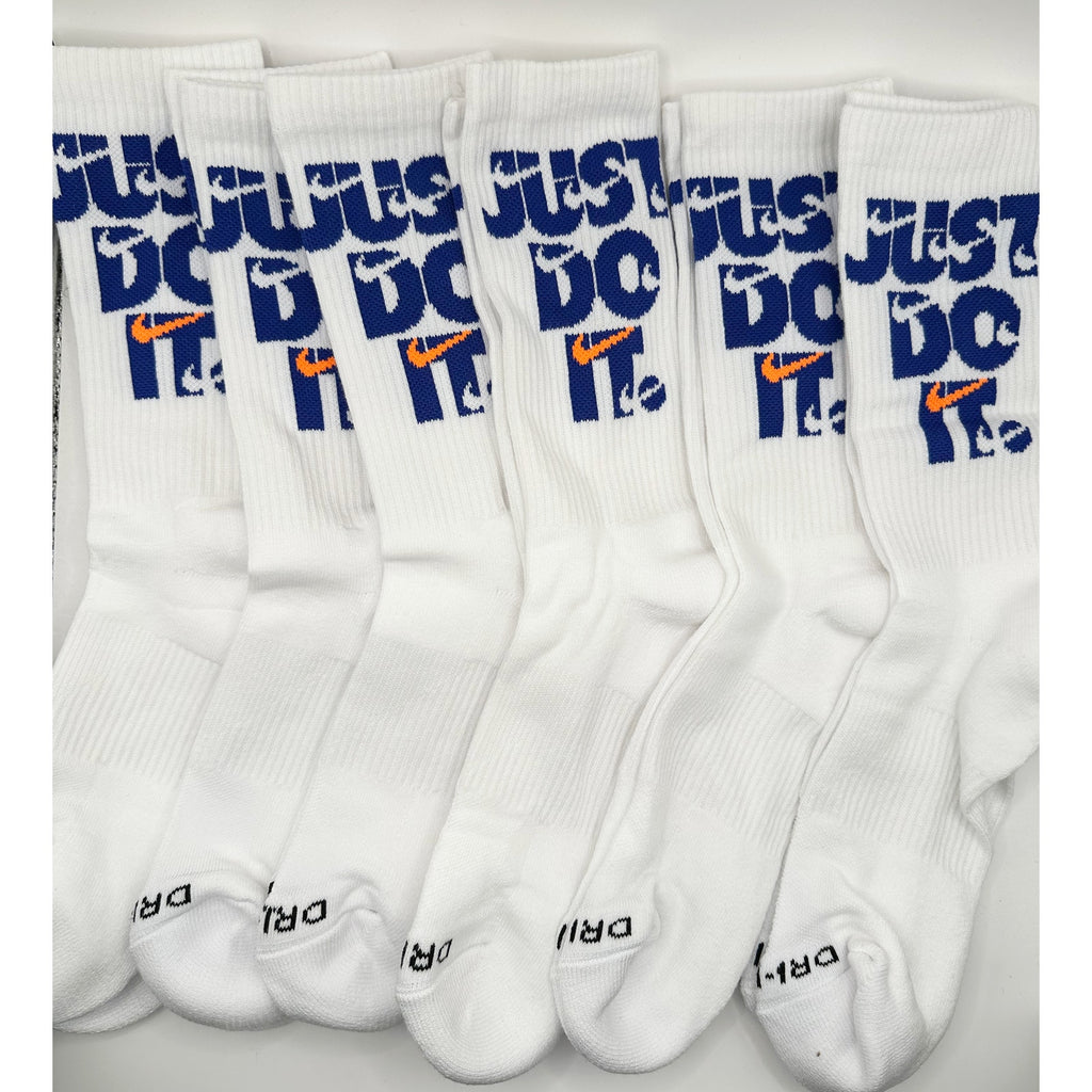 6 Pairs NWOT NIKE 'Just do it' Cotton Crew Performance Socks WHITE Dri-Fit Size LARGE
