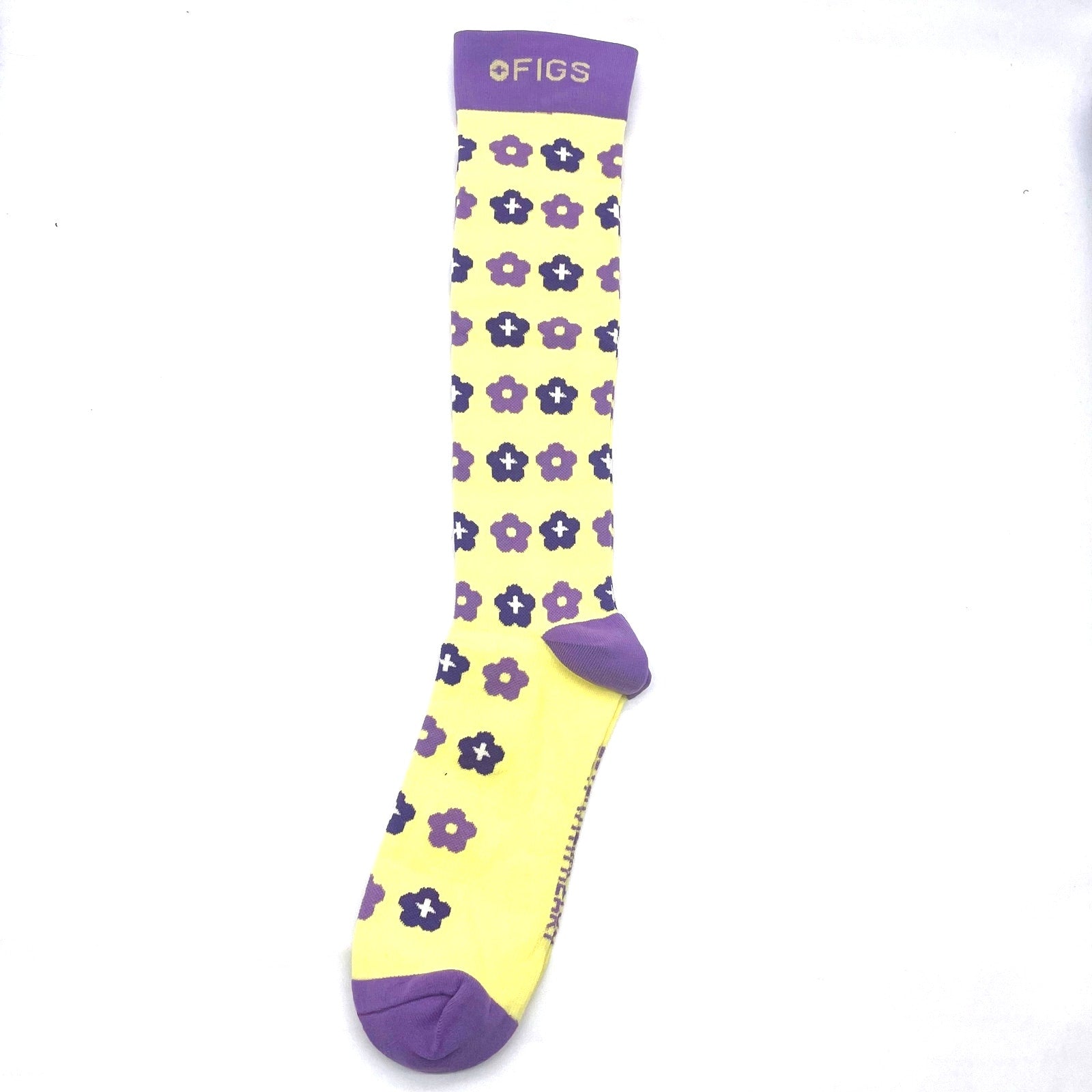 1 Pair FIGS Compression 'Flower' Yellow & Purple Socks Size L