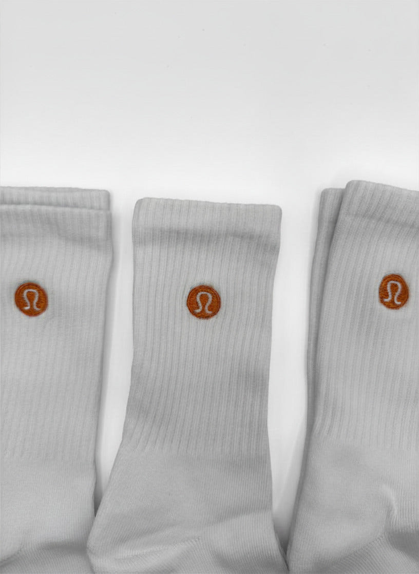 3 Pairs Lululemon Unisex Daily Essential Crew Socks Orange Logo- M/L