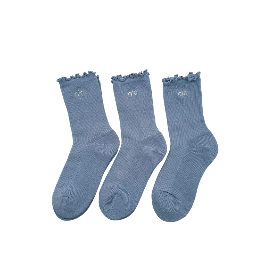 3 Pairs Alo Yoga Women's Lettuce Edge Sock M/L fits sizes 8 – 11 Light Blue