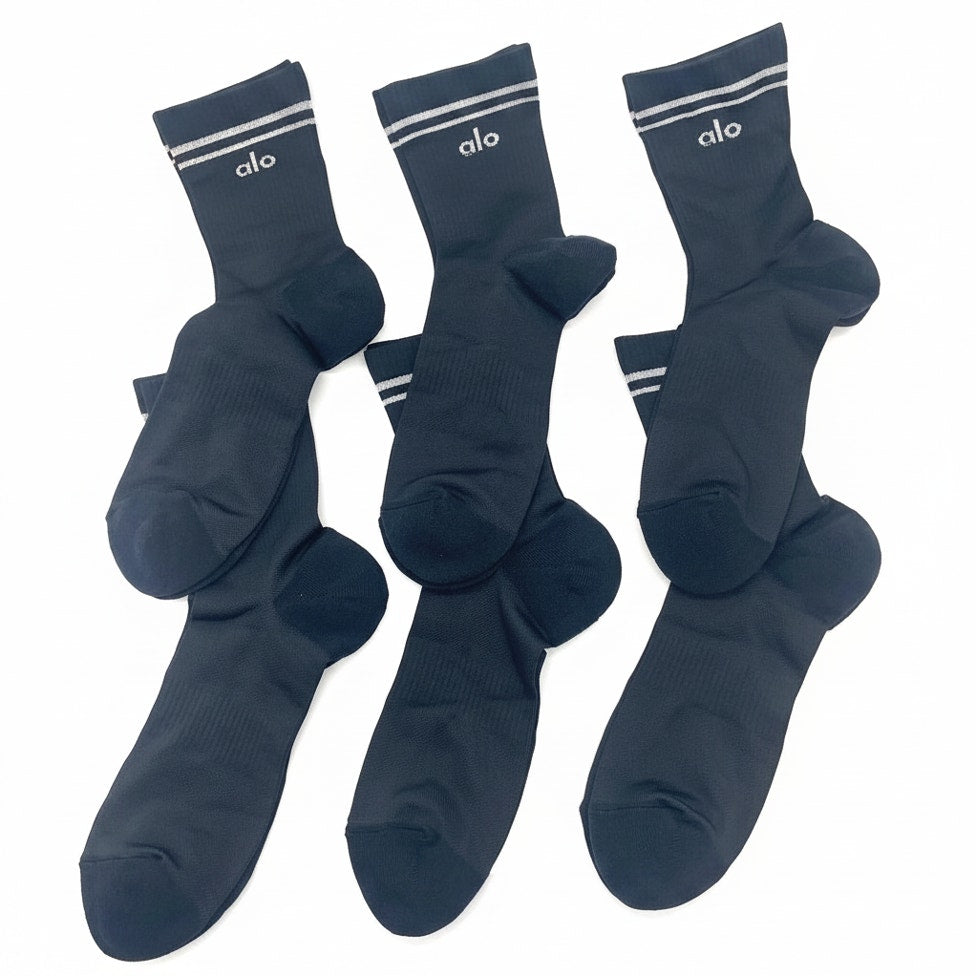6 Pairs Alo Yoga Unisex Half Crew Performance Socks M/L fits sizes 8 – 11 Black