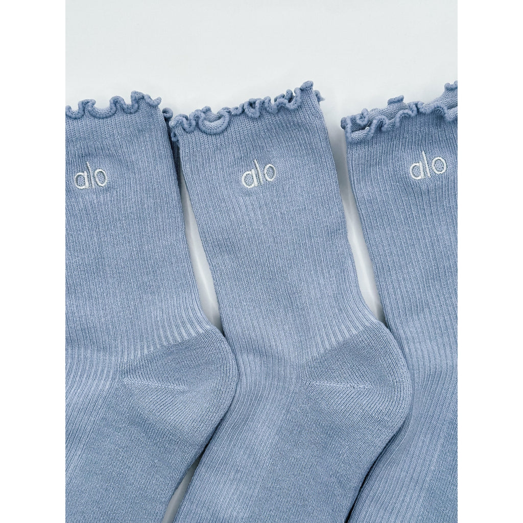 3 Pairs Alo Yoga Women's Lettuce Edge Sock M/L fits sizes 8 – 11 Light Blue