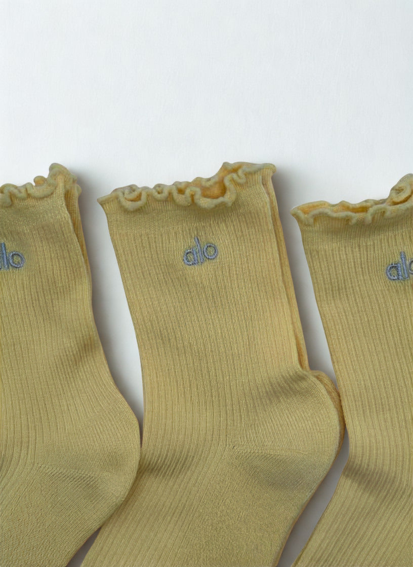 3 Pairs Alo Yoga Women's Lettuce Edge Sock M/L fits sizes 8 – 11 Yellow