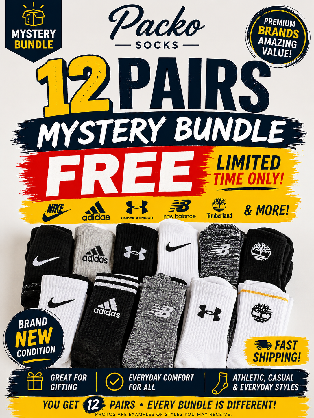 FREE 12 Pairs Top Brand Mystery Socks Bundle 🧦 Premium Mix (Nike, Adidas, UA & More) | $80+ Value