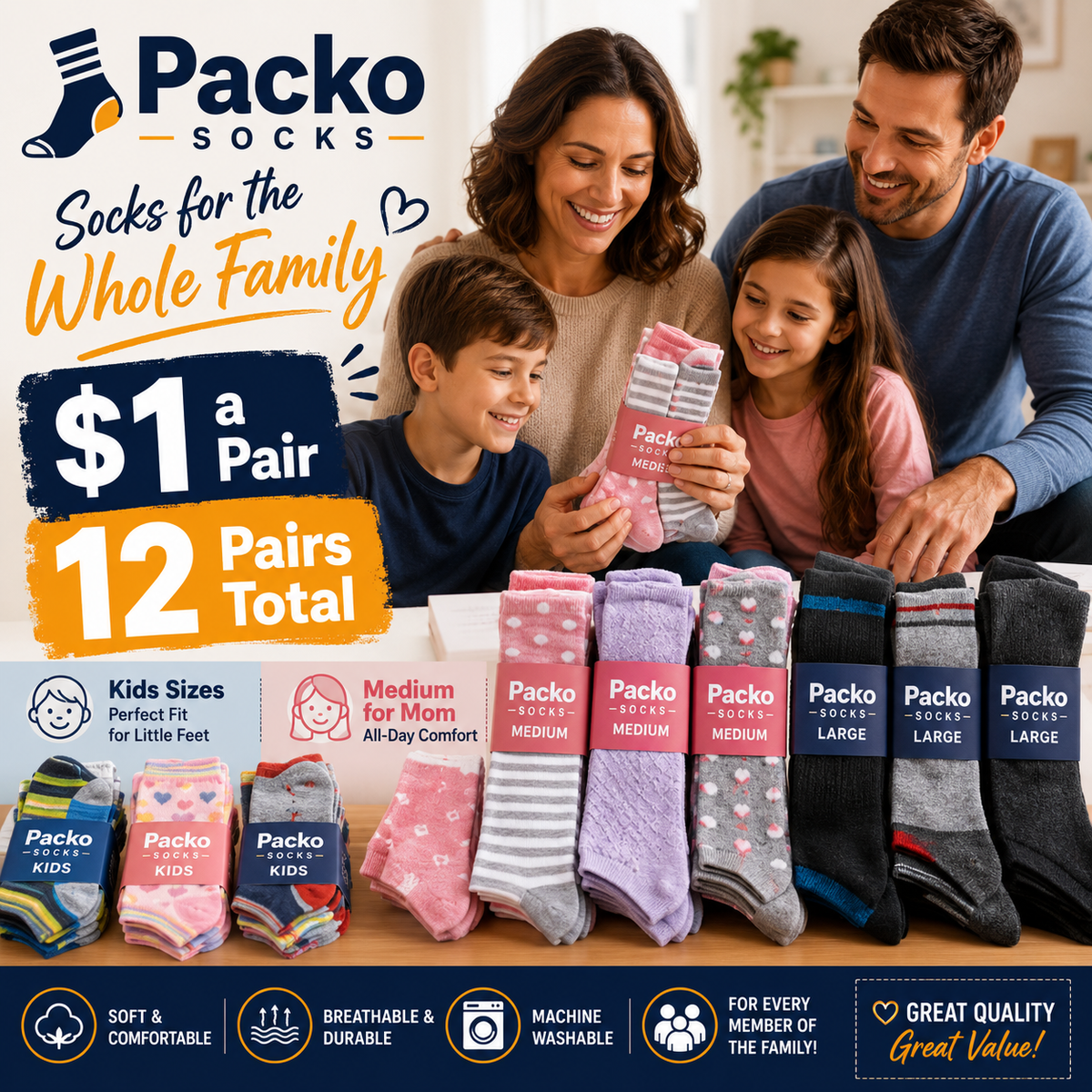 12-Pair Family Socks Gift Box | Top Brands for Mom, Dad & Kids