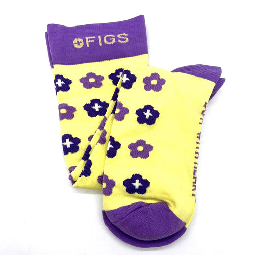 1 Pair FIGS Compression 'Flowers' Yellow & Purple Socks Size Medium