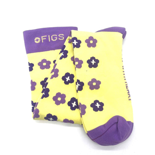 1 Pair FIGS Compression 'Flower' Yellow & Purple Socks Size L