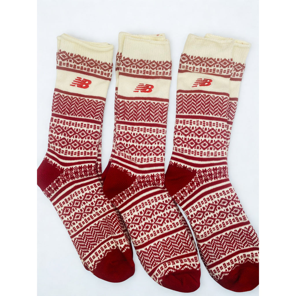 3 PAIR New Balance Holiday Crew socks Off-white and Red Geometric Pattern M/L