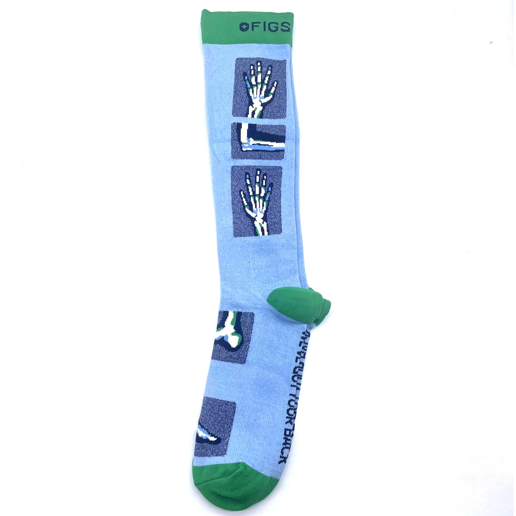 1 Pair FIGS Compression 'Skeleton' Blue & Green Socks Size L