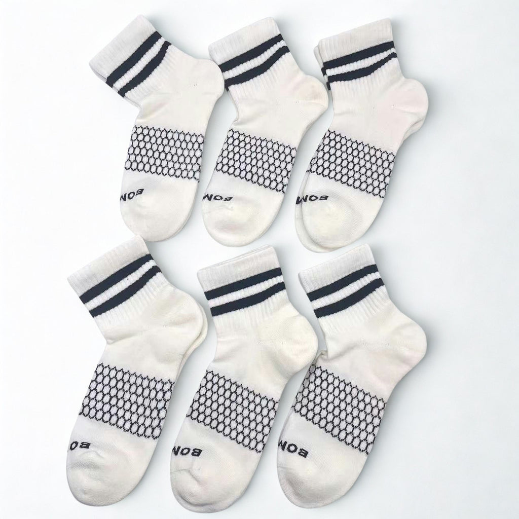 Women Men's BOMBAS Stripe Quarter socks Size Large White 6 Pairs