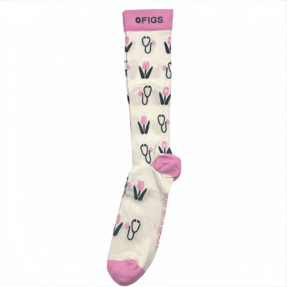 1 Pair FIGS Compression 'Tulips' White & Pink Socks Size XL