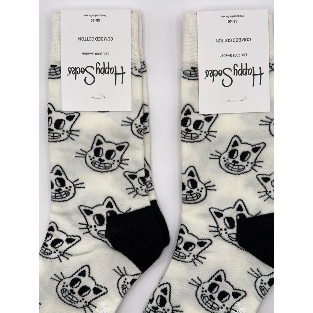 2 Pairs Happy Socks White Cat Half Calf Size Medium Unisex