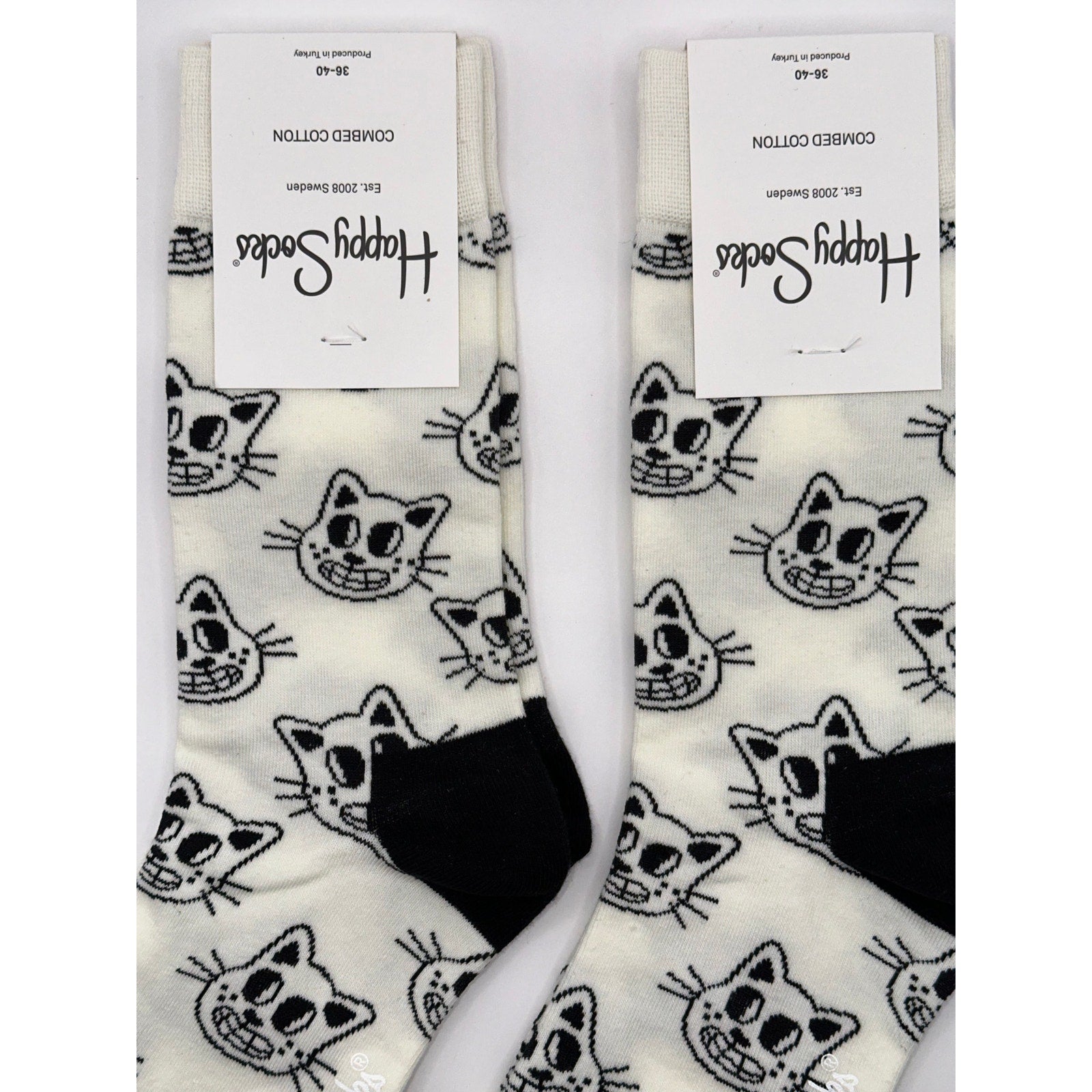 2 Pairs Happy Socks White Cat Half Calf Size Medium Unisex