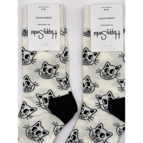 2 Pairs Happy Socks White Cat Half Calf Size Medium Unisex