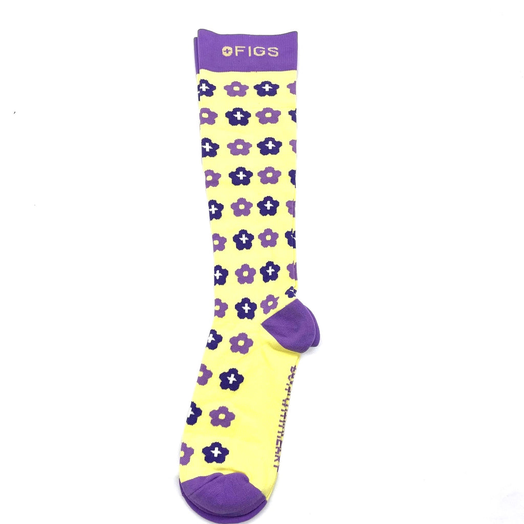 1 Pair FIGS Compression 'Flowers' Yellow & Purple Socks Size Medium